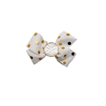 Load image into Gallery viewer, Gold polka dot hair bow with gold coin center 1.5in Grosgrain Hair bow . Made with an alligator Hair clip or elastic headband