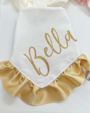 Load image into Gallery viewer, Double Faced Satin Ruffle Dog Bandana with soft macrame cord tie closure. 4 color choices ( Look for matching bows