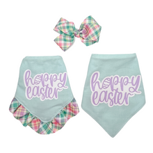 Load image into Gallery viewer, Hoppy Easter dog bandana with soft macrame cord tie closure available with or without ruffle trim (look for matching hair bow)