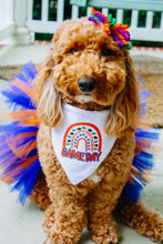 Load image into Gallery viewer, Gameday Rainbow Dog Bandana with Soft Macarame Cord Tie Closure. Several team choices plus a custom option