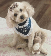 Load image into Gallery viewer, Denim and Lace Dog Bandana with Soft Macrame Cord Tie Closure- FREE PERSONALIZATION