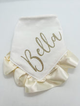 Load image into Gallery viewer, Double Faced Satin Ruffle Dog Bandana with soft macrame cord tie closure. 4 color choices ( Look for matching bows