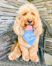 Load image into Gallery viewer, Middle Brother/ Middle Sister Cursive Design dog bandana with soft macrame cord tie closure. Available with optional eyelet lace trim