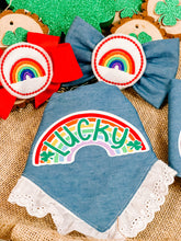 Load image into Gallery viewer, Lucky Rainbow dog bandana with soft macrame cord tie closure available with or without white eyelet lace trim. Look for matching rainbow hair bow and bow tie