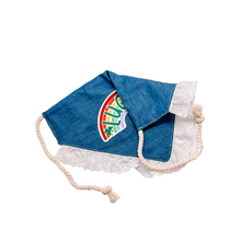 Load image into Gallery viewer, Lucky Rainbow dog bandana with soft macrame cord tie closure available with or without white eyelet lace trim. Look for matching rainbow hair bow and bow tie