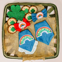 Load image into Gallery viewer, Lucky Rainbow dog bandana with soft macrame cord tie closure available with or without white eyelet lace trim. Look for matching rainbow hair bow and bow tie