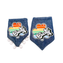 Load image into Gallery viewer, Lucky Retro Clover dog bandana with soft macrame cord tie closure available with or without white pom trim.