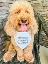 Load image into Gallery viewer, My Parents are getting us a Human dog bandana with soft macrame cord tie closure