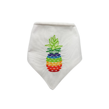 Load image into Gallery viewer, Rainbow Pineapple machine embroidered dog bandana with soft macrame cord tie closure