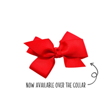 Load image into Gallery viewer, Red 1.5in Grosgrain Hair bow Made with an alligator Hair clip or elastic headband- Now Available over the collar
