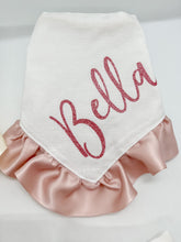 Load image into Gallery viewer, Double Faced Satin Ruffle Dog Bandana with soft macrame cord tie closure. 4 color choices ( Look for matching bows