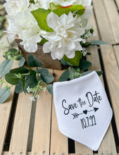 Load image into Gallery viewer, Save the Date Custom Wedding Bandana with soft macrame cord tie closure