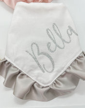Load image into Gallery viewer, Double Faced Satin Ruffle Dog Bandana with soft macrame cord tie closure. 4 color choices ( Look for matching bows