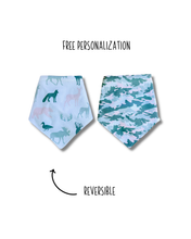 Load image into Gallery viewer, Woodland Camo In Pink reversible dog bandana with soft macrame cord tie closure. Free Personalization available
