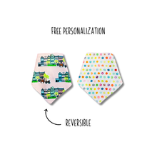 Load image into Gallery viewer, Charleston Rainbow Row (Pink)  reversible dog bandana with soft macrame cord tie closure. Free Personalization available
