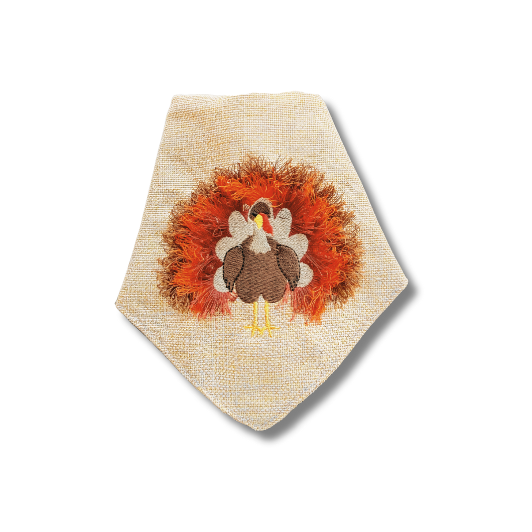 Embroidered Turkey Applique Dog Bandana with Soft Macrame Cord Tie Closure