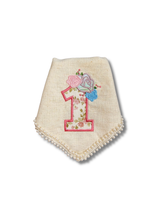 Load image into Gallery viewer, 1st birthday Embroidered bandana with soft macrame cord tie closure
