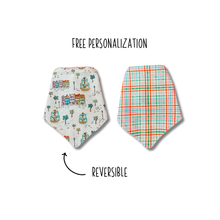 Load image into Gallery viewer, Colorful Charleston Toile reversible dog bandana with soft macrame cord tie closure. Free personalization
