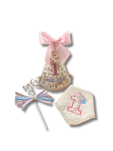 Load image into Gallery viewer, 1st birthday Mae Mae Birthday Bundle- includes custom party hat, cake topper and bandana
