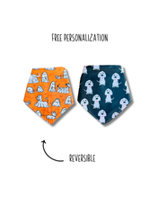 Load image into Gallery viewer, Boo + Bark reversible dog bandana with soft macrame cord tie closure. Free Personalization available
