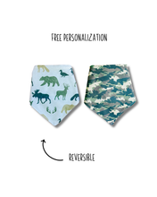 Load image into Gallery viewer, Woodland Camo In Green reversible dog bandana with soft macrame cord tie closure. Free Personalization available
