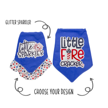 Load image into Gallery viewer, Little Sparkler or Little Firecracker dog bandana with soft macrame cord tie closure available with or without ribbon ruffle trim (Look for matching hair bow)
