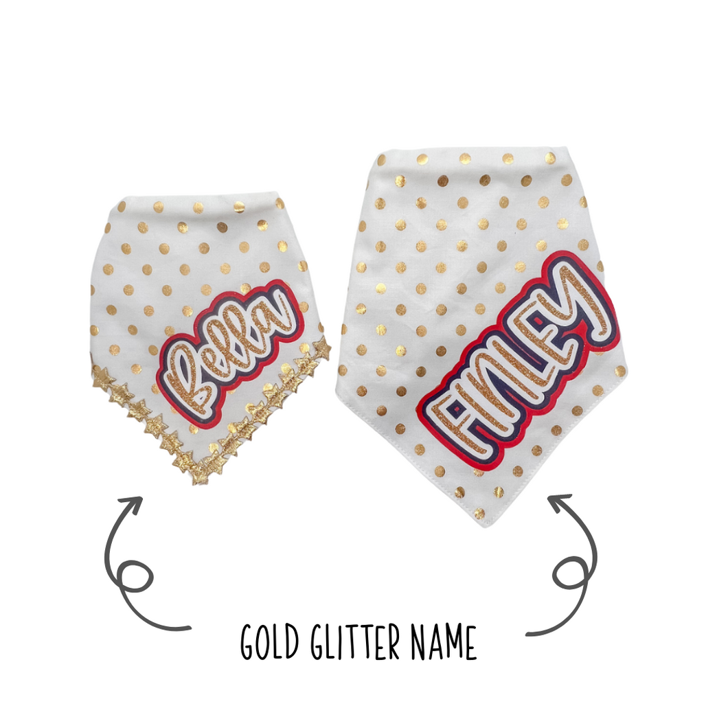 Gold Polka Dot dog bandana with soft macrame cord tie closure available with or without gold star trim trim