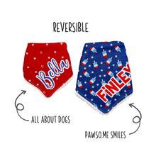 Load image into Gallery viewer, Popsicle and Stars Reversible dog bandana with soft macrame cord tie closure available with or without red mini pom trim
