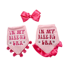 Load image into Gallery viewer, In my &quot;Bark-bie&quot; Era Double Faced Satin Ruffle or Pom Trim Dog Bandana with soft macrame cord tie closure. 4 color choices ( Look for matching bows
