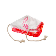 Load image into Gallery viewer, &quot;Come On Bark-bie Let&#39;s go Pawty&quot; Dog Bandana with hot pink sequin trim with soft macrame cord tie closure available with or without sequin trim
