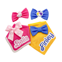 Load image into Gallery viewer, Hot Pink Bow Tie with embroidered roller skate feltie center made with Alligator hair clip, over the collar or elastic headband (2 sizes available)
