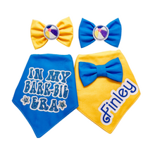 Load image into Gallery viewer, &quot;Bark-bie&quot; blue Bow Tie with embroidered beach ball feltie center made with Alligator hair clip, over the collar or elastic headband (2 sizes available)

