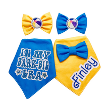 Load image into Gallery viewer, Personalized &quot;Bark-bie&quot; Boy Bandana with Detachable Blue Bow Tie and Soft Macramé Cord Tie                            nClosure
