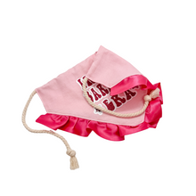 Load image into Gallery viewer, In my &quot;Bark-bie&quot; Era Double Faced Satin Ruffle or Pom Trim Dog Bandana with soft macrame cord tie closure. 4 color choices ( Look for matching bows
