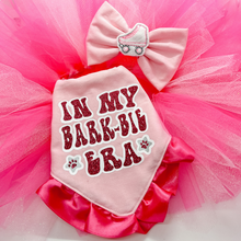 Load image into Gallery viewer, In my &quot;Bark-bie&quot; Era Double Faced Satin Ruffle or Pom Trim Dog Bandana with soft macrame cord tie closure. 4 color choices ( Look for matching bows
