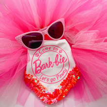 Load image into Gallery viewer, &quot;Come On Bark-bie Let&#39;s go Pawty&quot; Dog Bandana with hot pink sequin trim with soft macrame cord tie closure available with or without sequin trim
