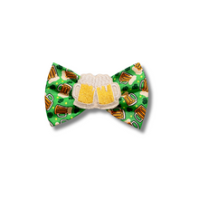 Load image into Gallery viewer, Beer fabric bow tie with optional beer feltie center made with Alligator hair clip, over the collar or elastic headband (2 sizes available)
