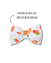 Load image into Gallery viewer, Farm Fresh Strawberries Bow Tie made with Alligator hair clip, over the collar or elastic headband (2 sizes available)
