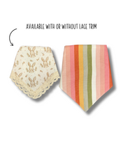 Load image into Gallery viewer, Bunny and Stripes reversible dog bandana with soft macrame cord tie closure available with trim options FREE PERSONALIZATION (Look for matching bow)
