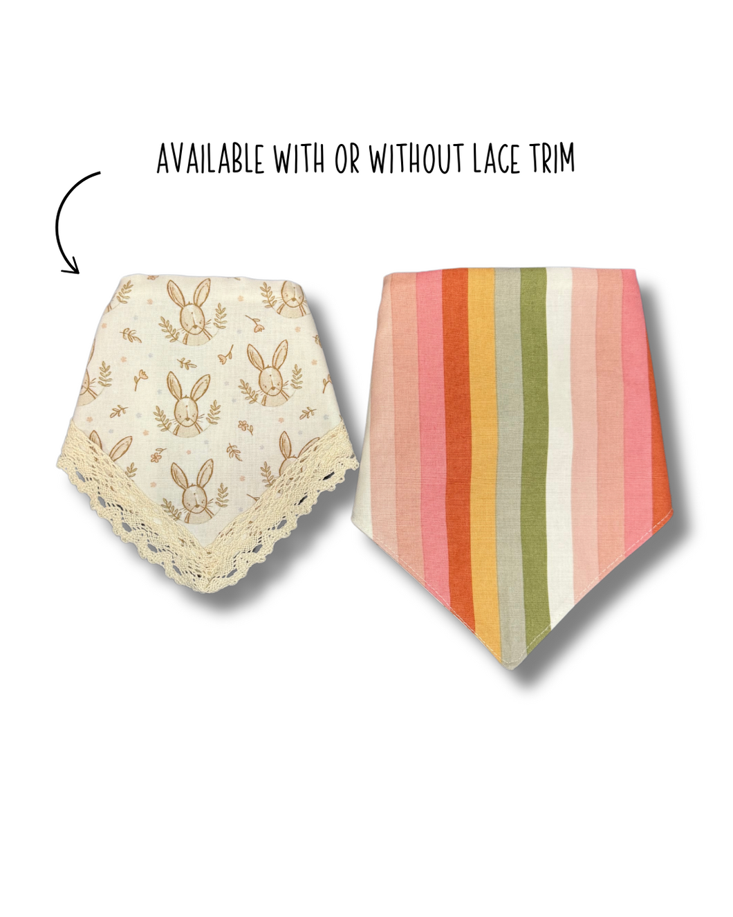 Bunny and Stripes reversible dog bandana with soft macrame cord tie closure available with trim options FREE PERSONALIZATION (Look for matching bow)