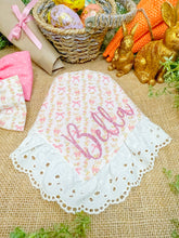 Load image into Gallery viewer, Bunny with Bows reversible dog bandana with soft macrame cord tie closure available with trim options FREE PERSONALIZATION (Look for matching bow)
