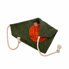 Load image into Gallery viewer, Green Corduroy Pumpkin Applique Dog Bandana with Soft Macrame Cord Tie Closure (look for matching bow tie/ hair bow)
