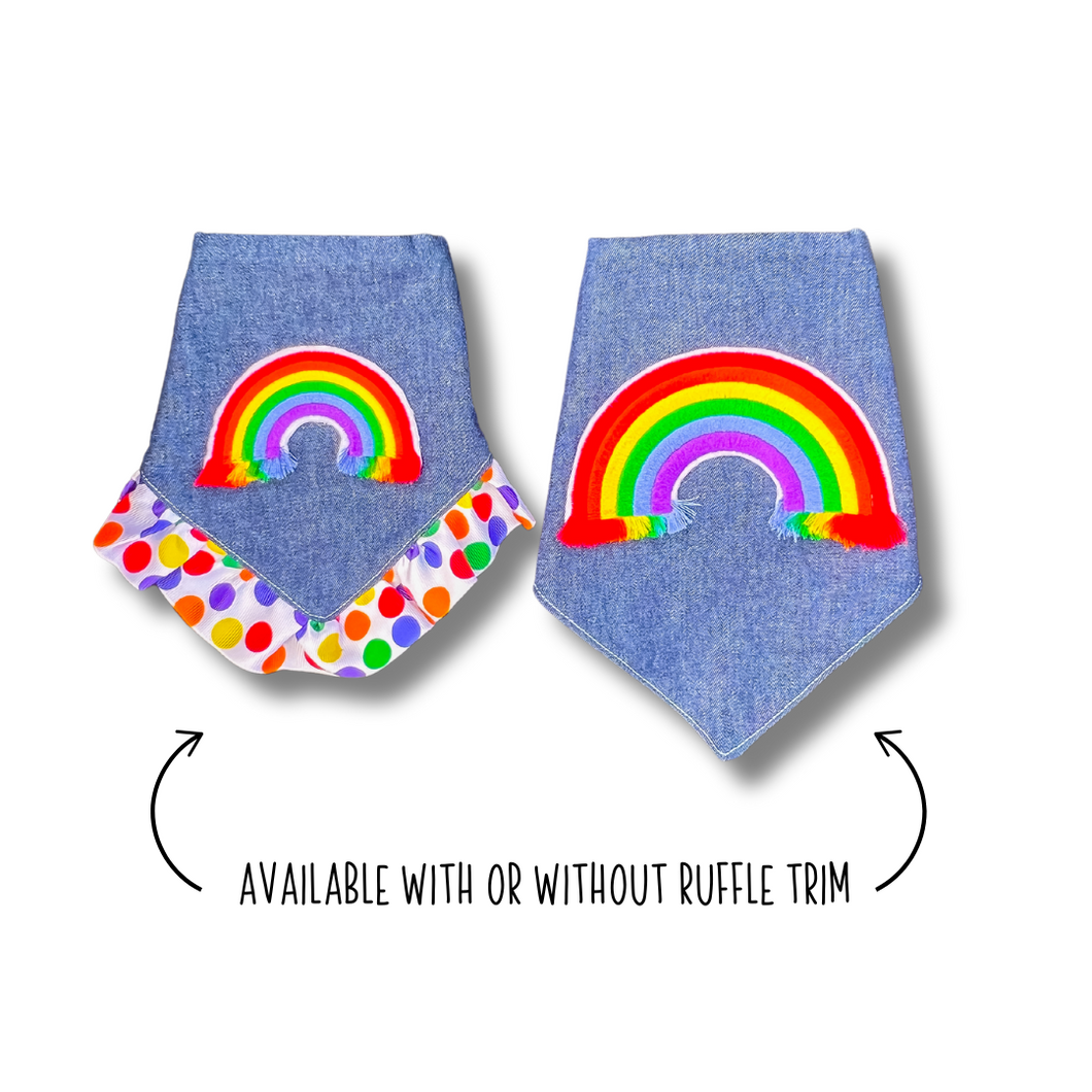 Rainbow Fringe Feltie dog bandana with soft macrame cord tie closure available with or with ribbon ruffle trim