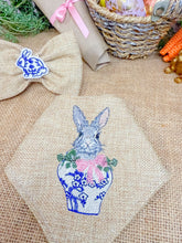 Load image into Gallery viewer, Ginger jar embroidered bunny feltie made with Alligator hair clip, over the collar or elastic headband (2 sizes available)
