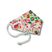 Load image into Gallery viewer, Glitter gingerbread house and paw Christmas reversible dog bandana with soft macrame cord tie closure FREE Personalization
