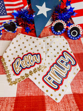 Load image into Gallery viewer, Gold Polka Dot dog bandana with soft macrame cord tie closure available with or without gold star trim trim
