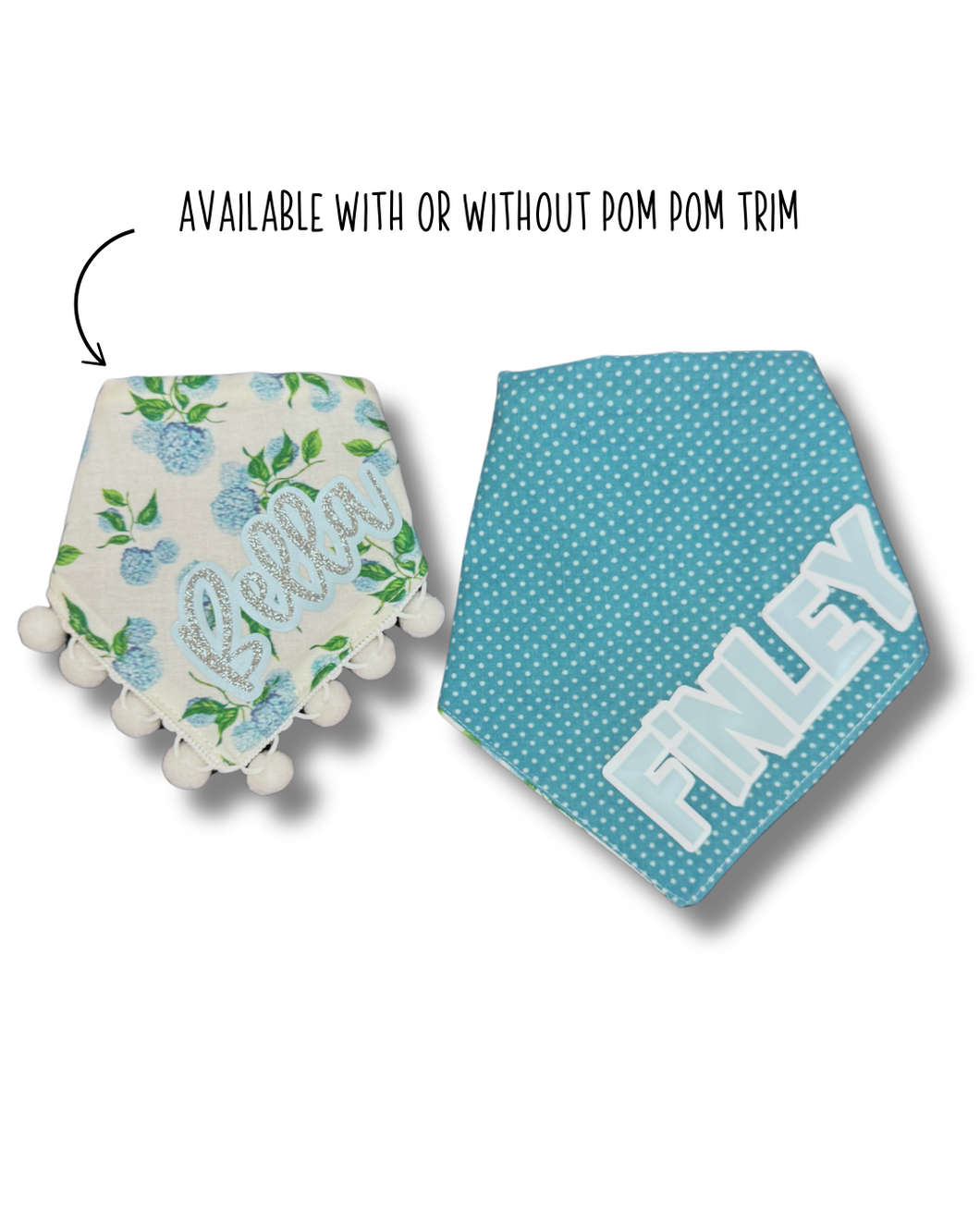 Blue Hydrangea reversible dog bandana with soft macrame cord tie closure available with trim options FREE PERSONALIZATION (Look for matching bow)