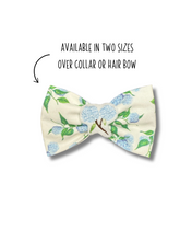 Load image into Gallery viewer, Blue Hydrangea feltie bow tie made with Alligator hair clip, over the collar or elastic headband (2 sizes available)
