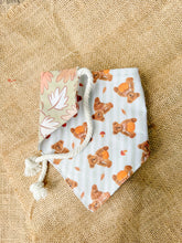 Load image into Gallery viewer, Bear-y Autumn reversible dog bandana with soft macrame cord tie closure. Free Personalization available
