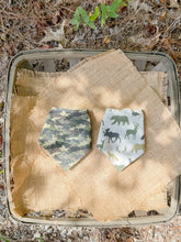 Load image into Gallery viewer, Woodland Camo In Green reversible dog bandana with soft macrame cord tie closure. Free Personalization available
